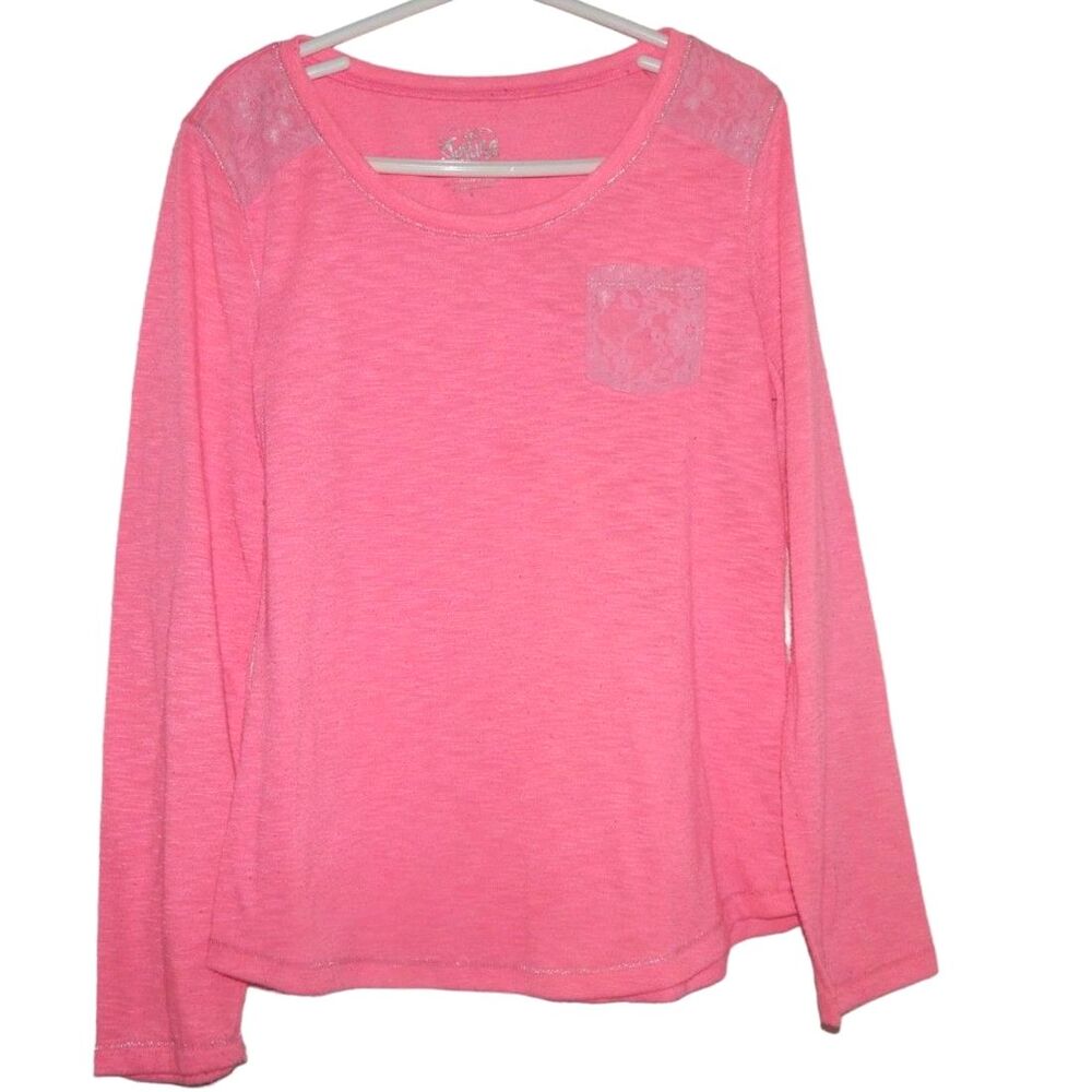 Justice Girls Size 8 Light Pink Long Sleeve Top w/ Lace Shoulder & Pocket Detail